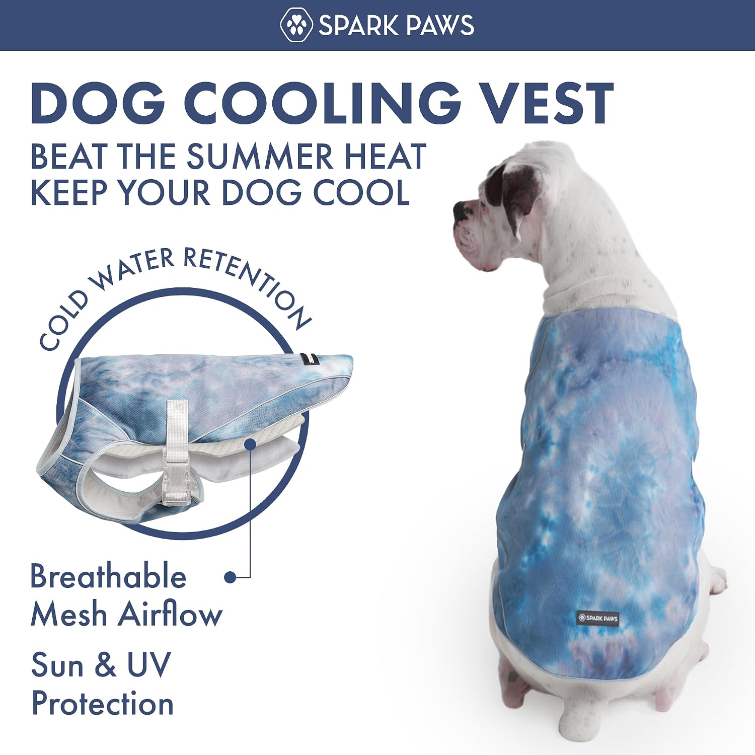 Spark Paws Dog Cooling Vest - SPF 50 UV Sun Protection - Summer Heat Relief Gear for Dogs, Lightweight, Evaporative Cooling - Dog Anxiety Relief Vest During Hot Days - Ice Blue, Medium